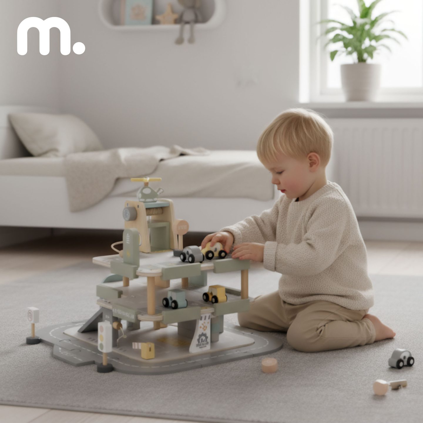 Garage in legno a tre piani per bambini con accessori: parcheggio, stazione di servizio, autolavaggio, elicottero