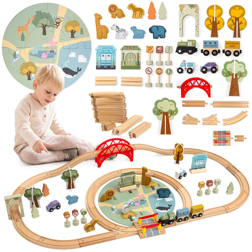 Treno ZOO in legno – puzzle, treno, binari, animali, ponte, barriera