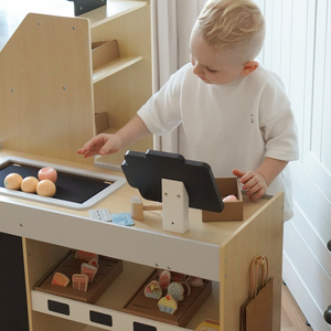 Mercato ortofrutticolo in legno - grande bancarella XXL, negozio con registratore di cassa