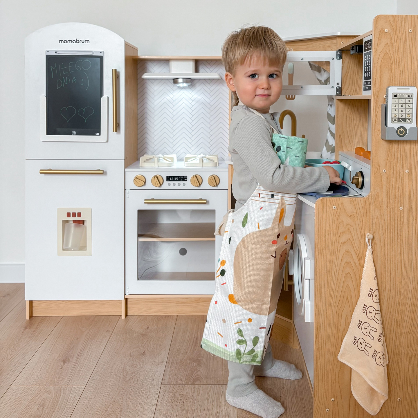 XXXXL grande cucina interattiva in legno con illuminazione a LED, lavatrice, macchina del caffè a microonde e set di frutta e verdura - 50 elementi