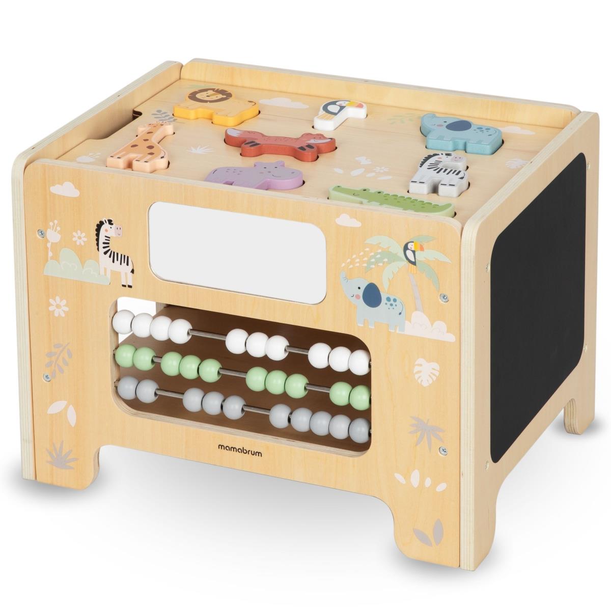 Scatola manipolativa in legno - Tavola Montessori con figure di animali e sedile