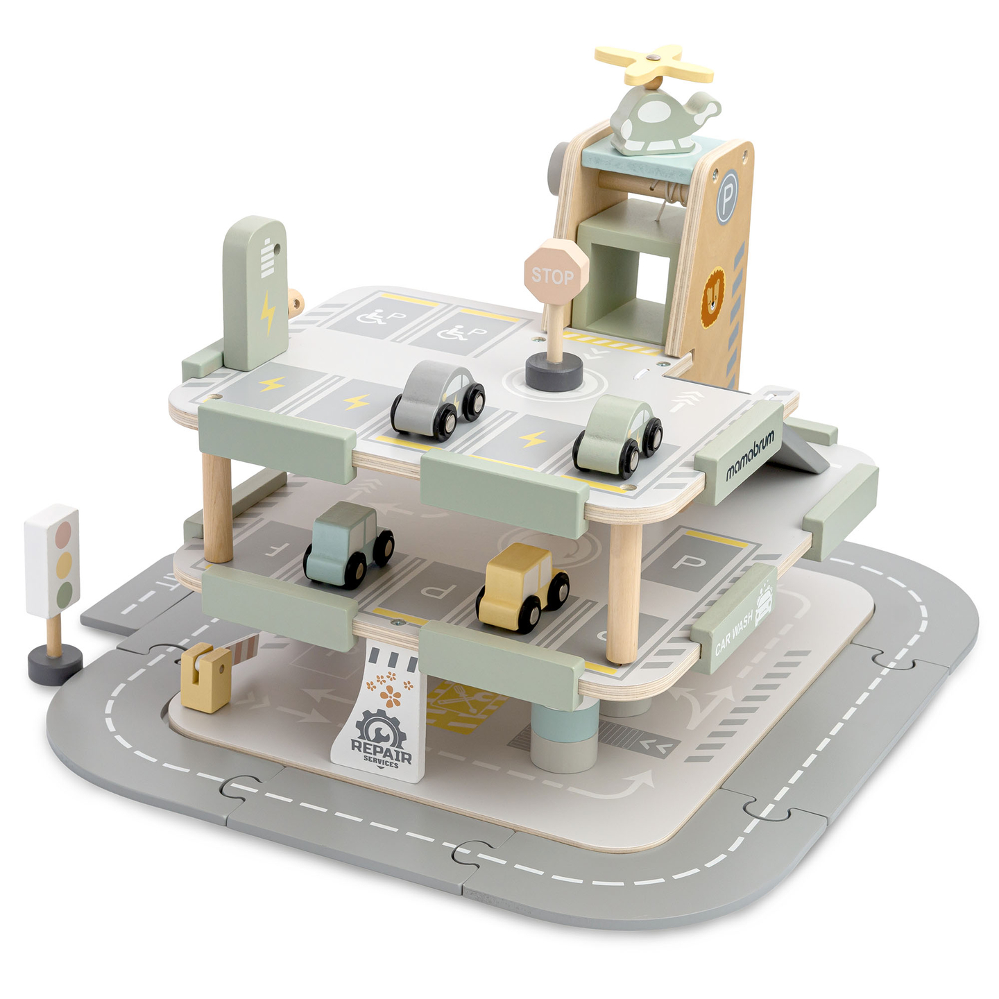 Garage in legno a tre piani per bambini con accessori: parcheggio, stazione di servizio, autolavaggio, elicottero
