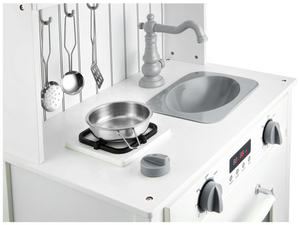 Cucina in legno bianco con grembiule, accessori e lampada LED