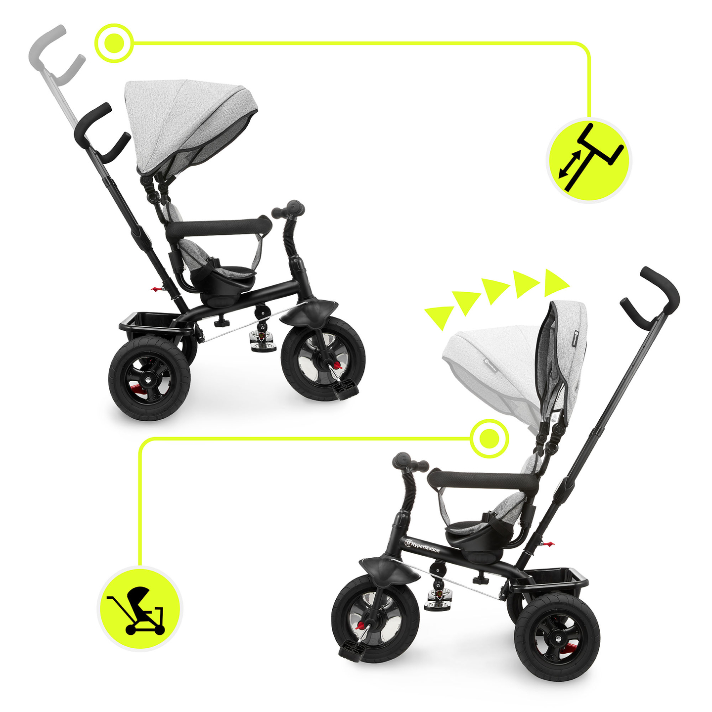 Triciclo per bambini 1-4 anni - TOBI FREY - colore grigio - girevole - ruote pompate + spingitore