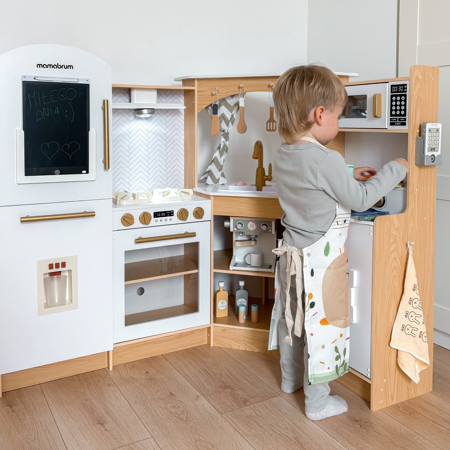 XXXXL grande cucina interattiva in legno con illuminazione a LED, lavatrice, macchina del caffè a microonde e set di frutta e verdura - 50 elementi