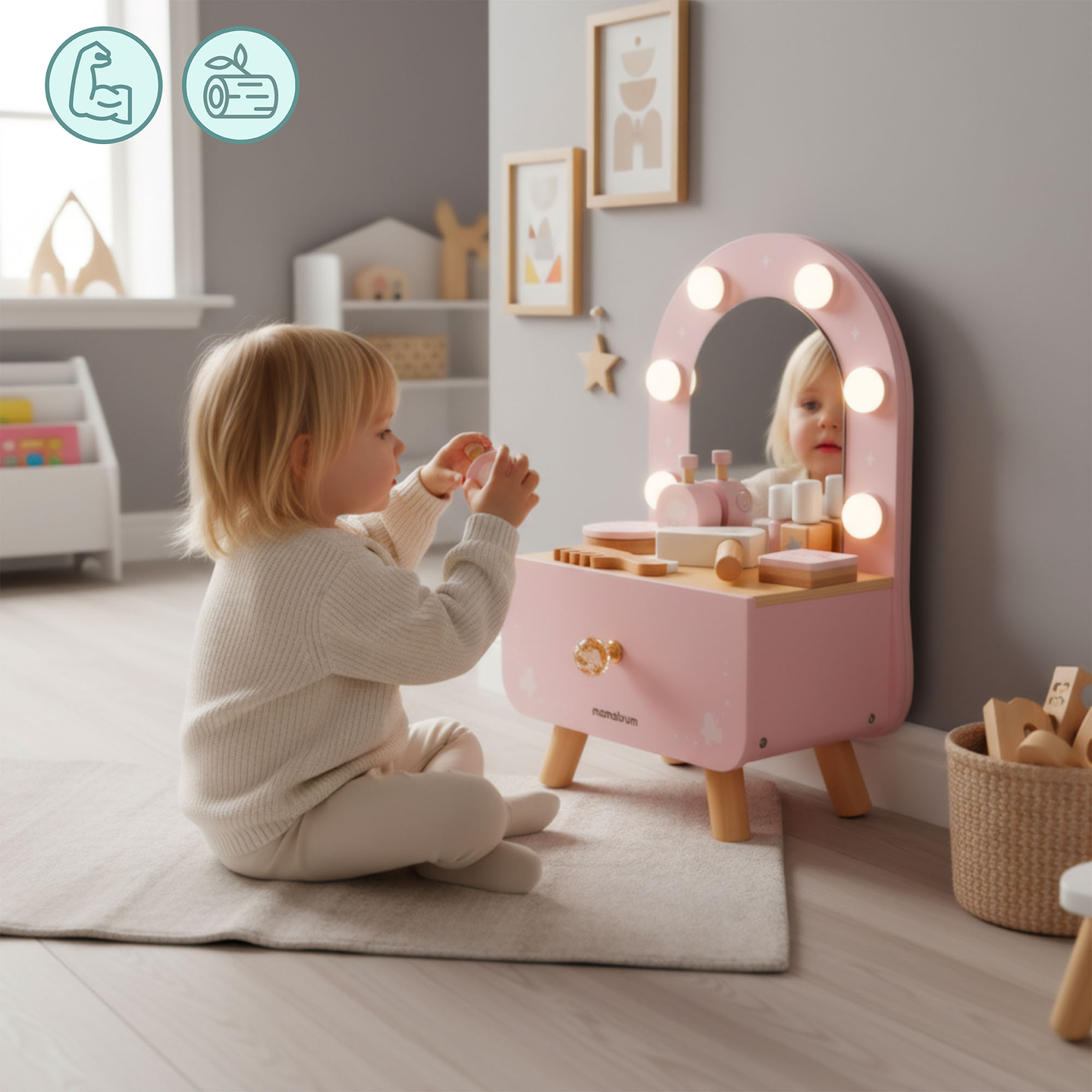 Mini toletta in legno per bambini con accessori e illuminazione a LED con regolazione continua della luminosità
