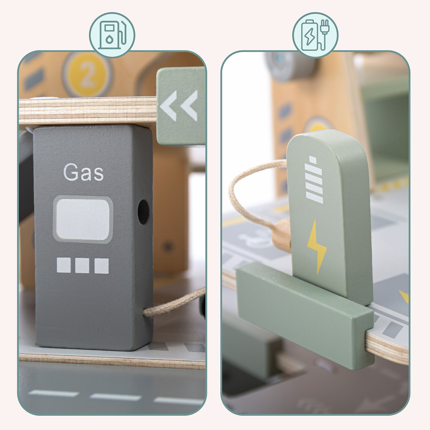 Garage in legno a tre piani per bambini con accessori: parcheggio, stazione di servizio, autolavaggio, elicottero