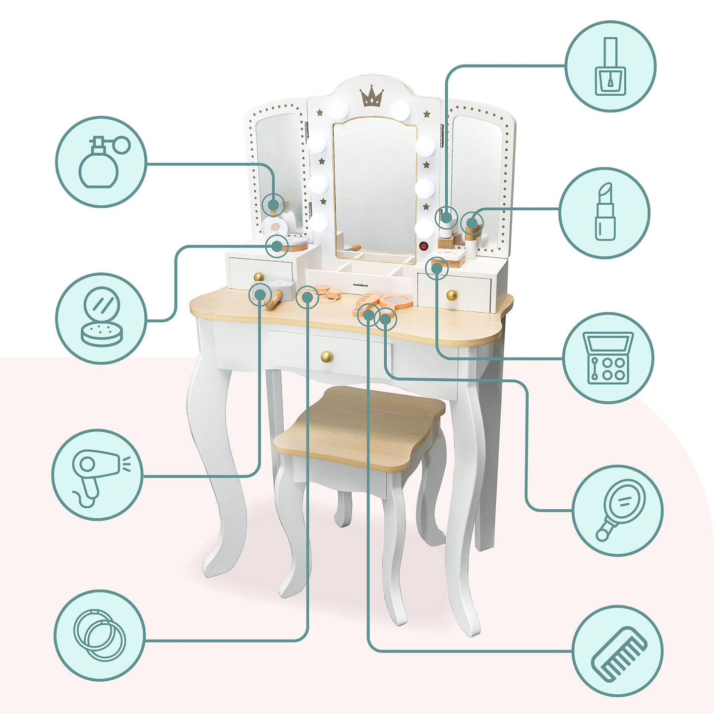 Tavolino da toilette XXL in legno con sgabello e illuminazione a LED per bambini + accessori