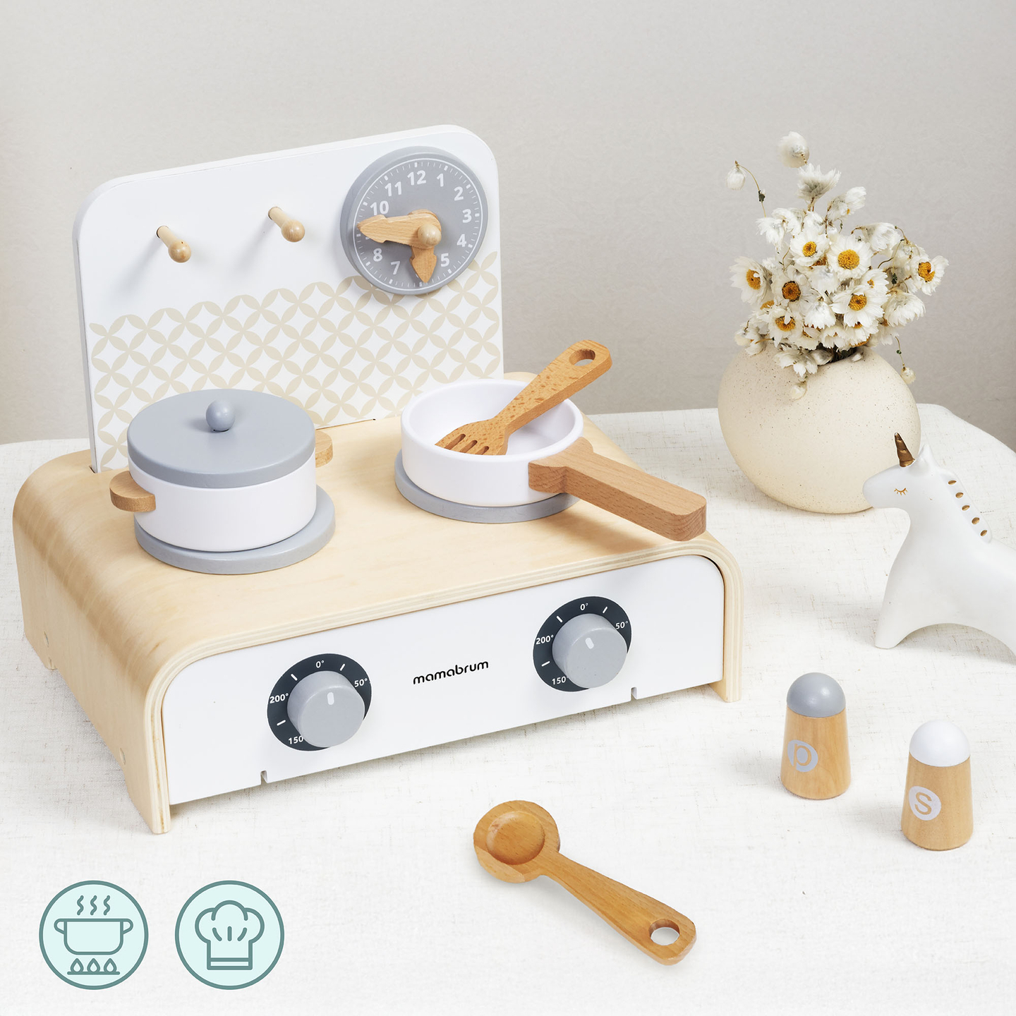 Mamabrum Cucina pieghevole in legno per bambini - Set con pentole, accessori da cucina e contenitori