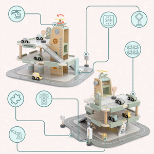 Garage in legno a tre piani per bambini con accessori: parcheggio, stazione di servizio, autolavaggio, elicottero