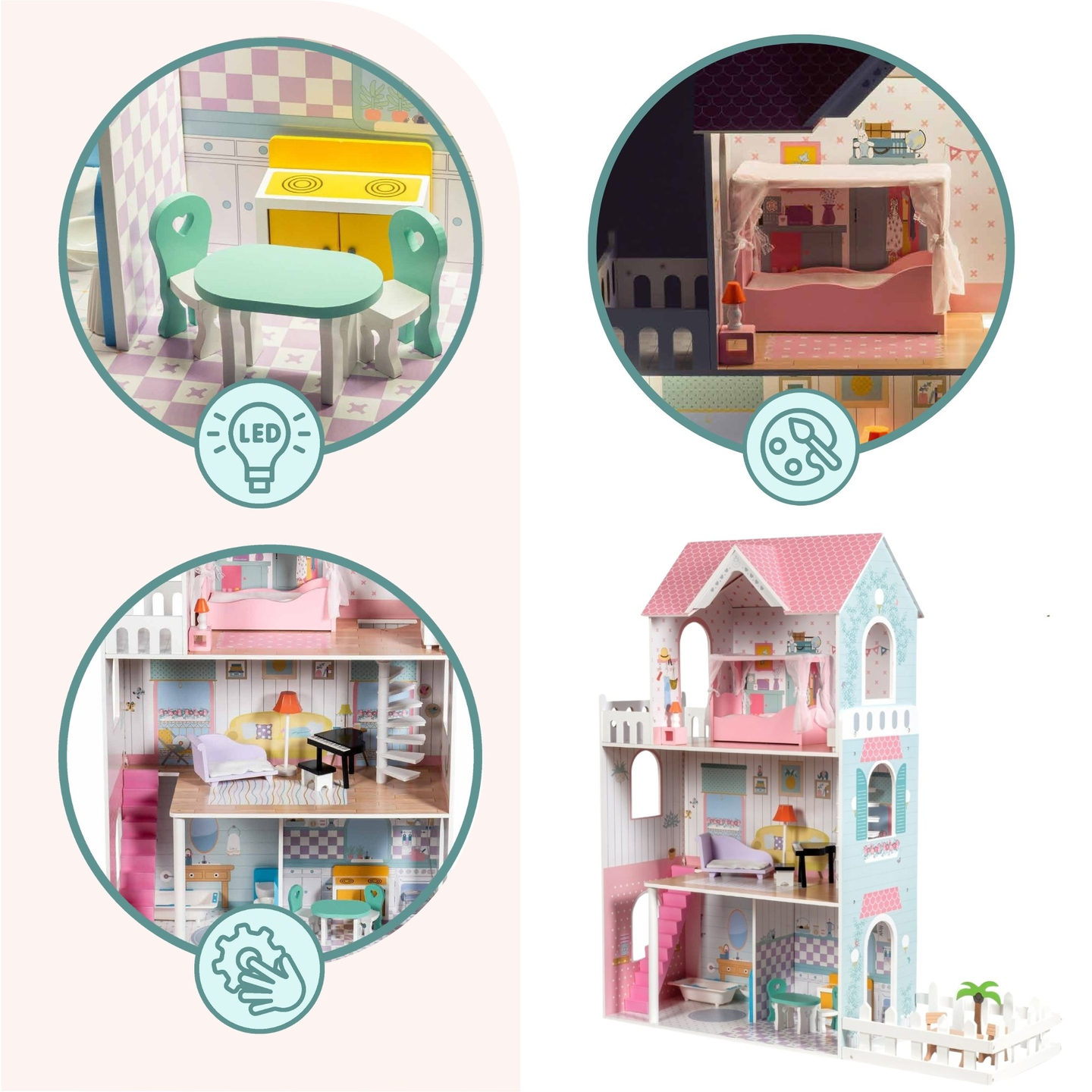 XXL La più grande casa delle bambole in legno - 123 cm - illuminata a LED - terrazza, accessori, giardino