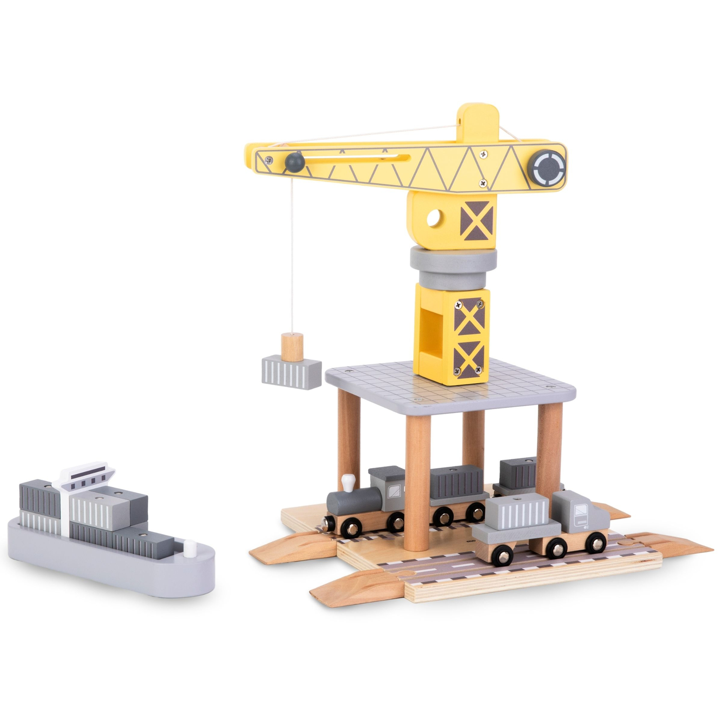 Gru portuale mobile con argano magnetico e accessori - set in legno