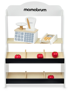 Mini market - negozio con bilancia, terminale, carta di pagamento e frutta