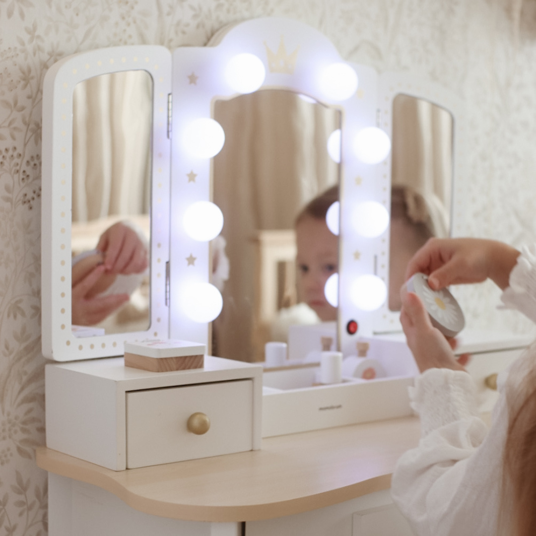 Tavolino da toilette XXL in legno con sgabello e illuminazione a LED per bambini + accessori