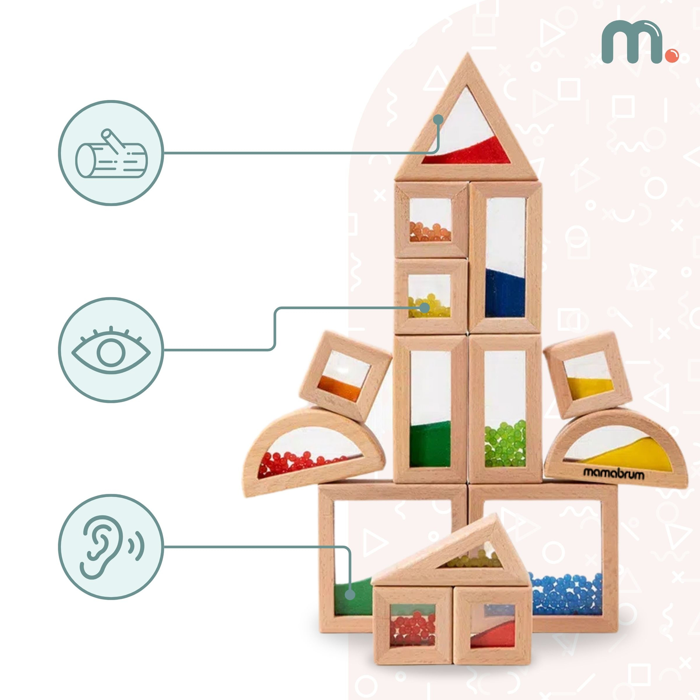 Set di blocchi sensoriali in legno con diversi ripieni - 15 pezzi