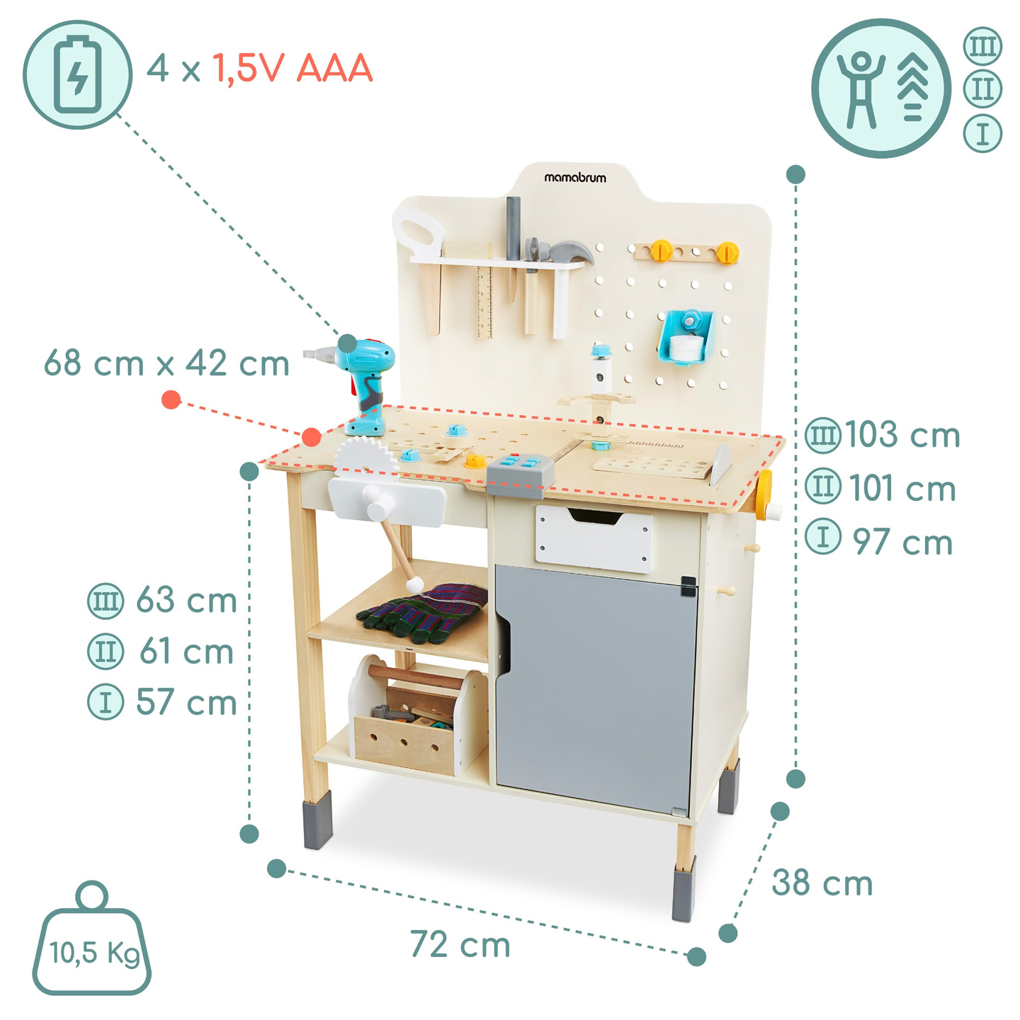 XXL Grande officina in legno con attrezzi - set per il bricolage, 74 elementi