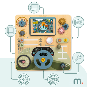 Tavola Montessori in legno 2 in 1 Cockpit per piccoli conducenti e piloti: volante, cambio, mappe di viaggio, radar