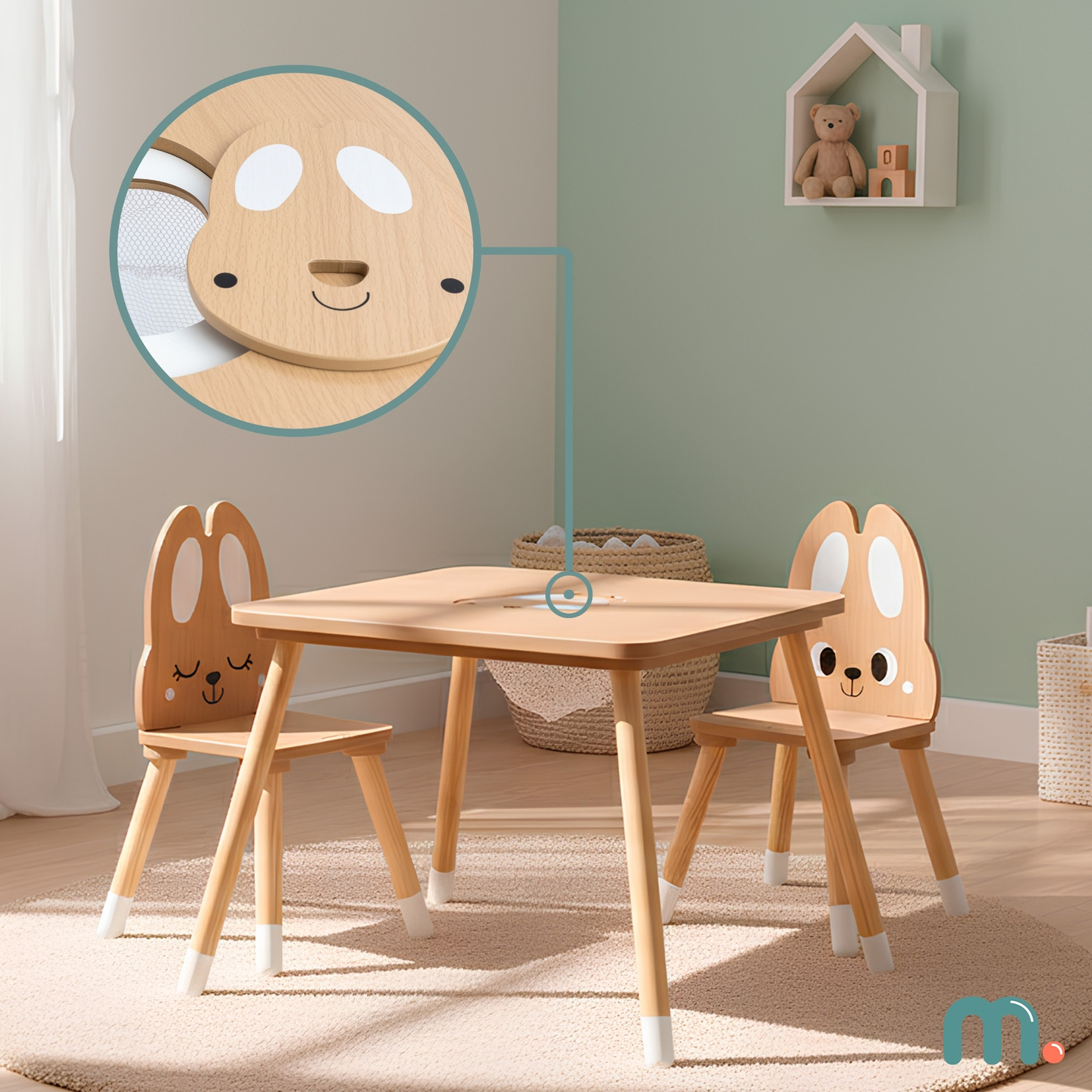 Tavolo in legno con contenitore e 2 sedie Set per bambini - Coniglio carino