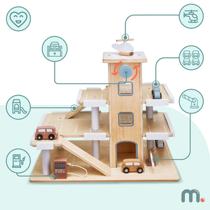 Parcheggio in legno a tre piani con ascensore - garage con auto ed elicottero