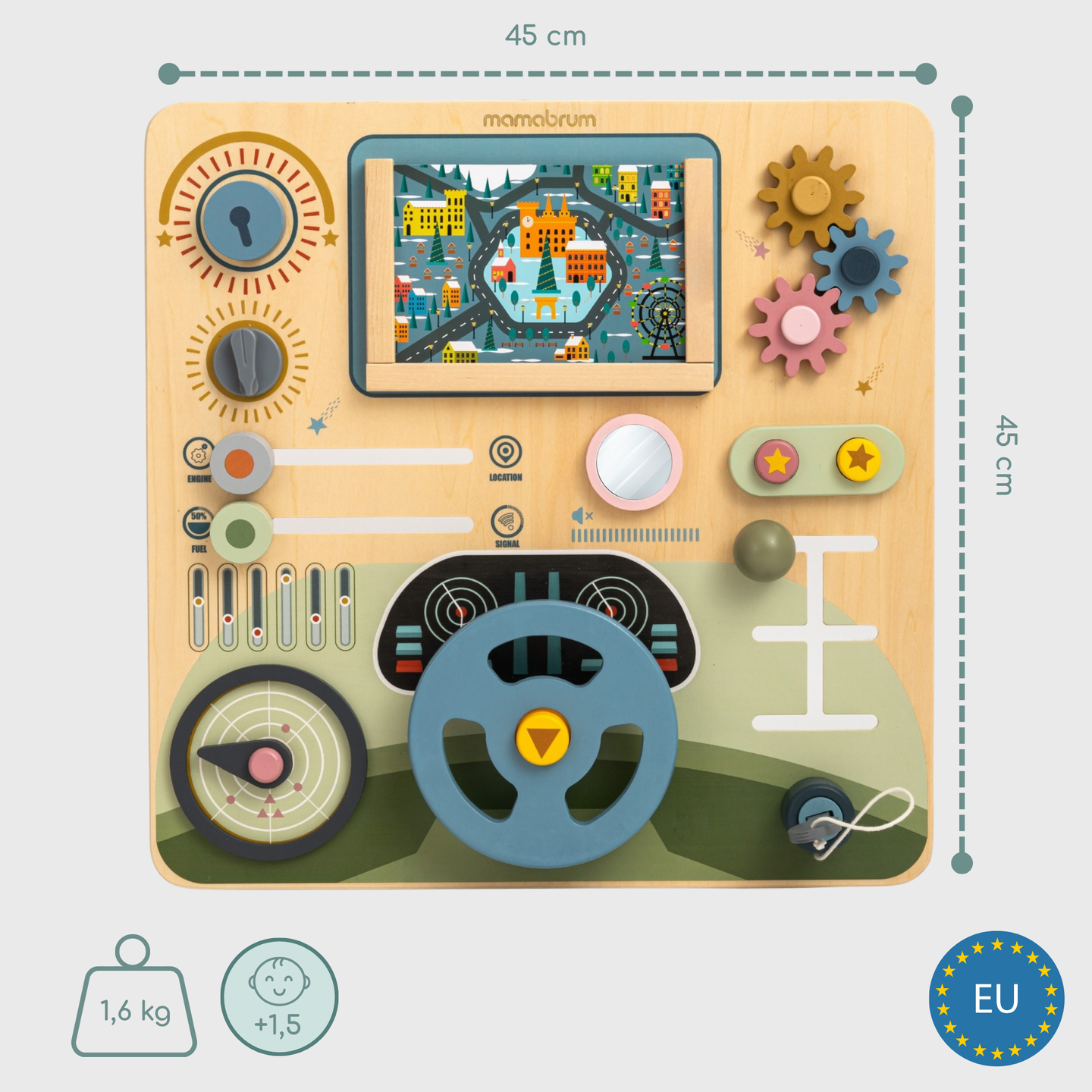 Tavola Montessori in legno 2 in 1 Cockpit per piccoli conducenti e piloti: volante, cambio, mappe di viaggio, radar