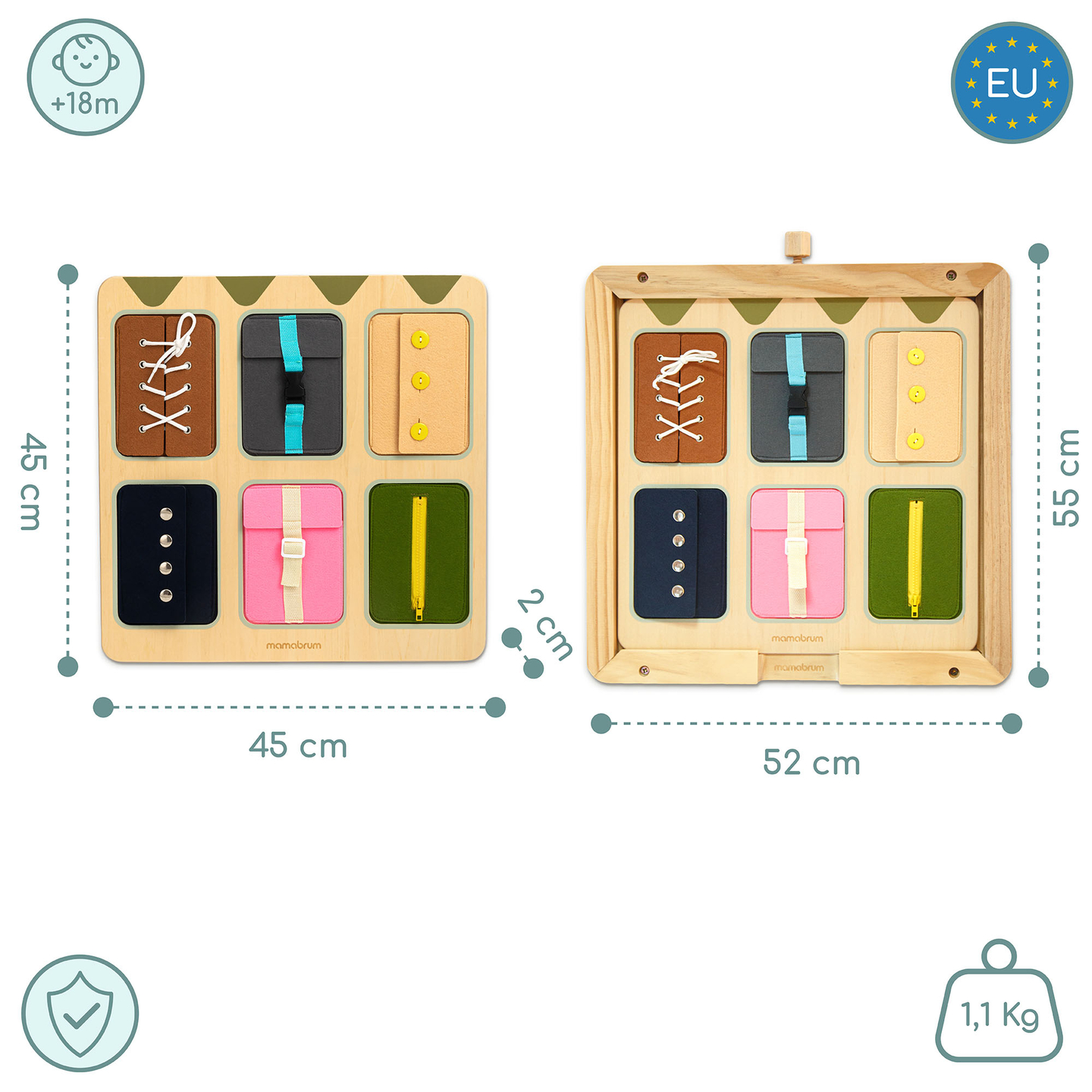 Tavola manipolativa Montessori in legno – Apprendimento sensoriale dell'indipendenza - lacci, fibbie, bottoni, automatici, cerniera
