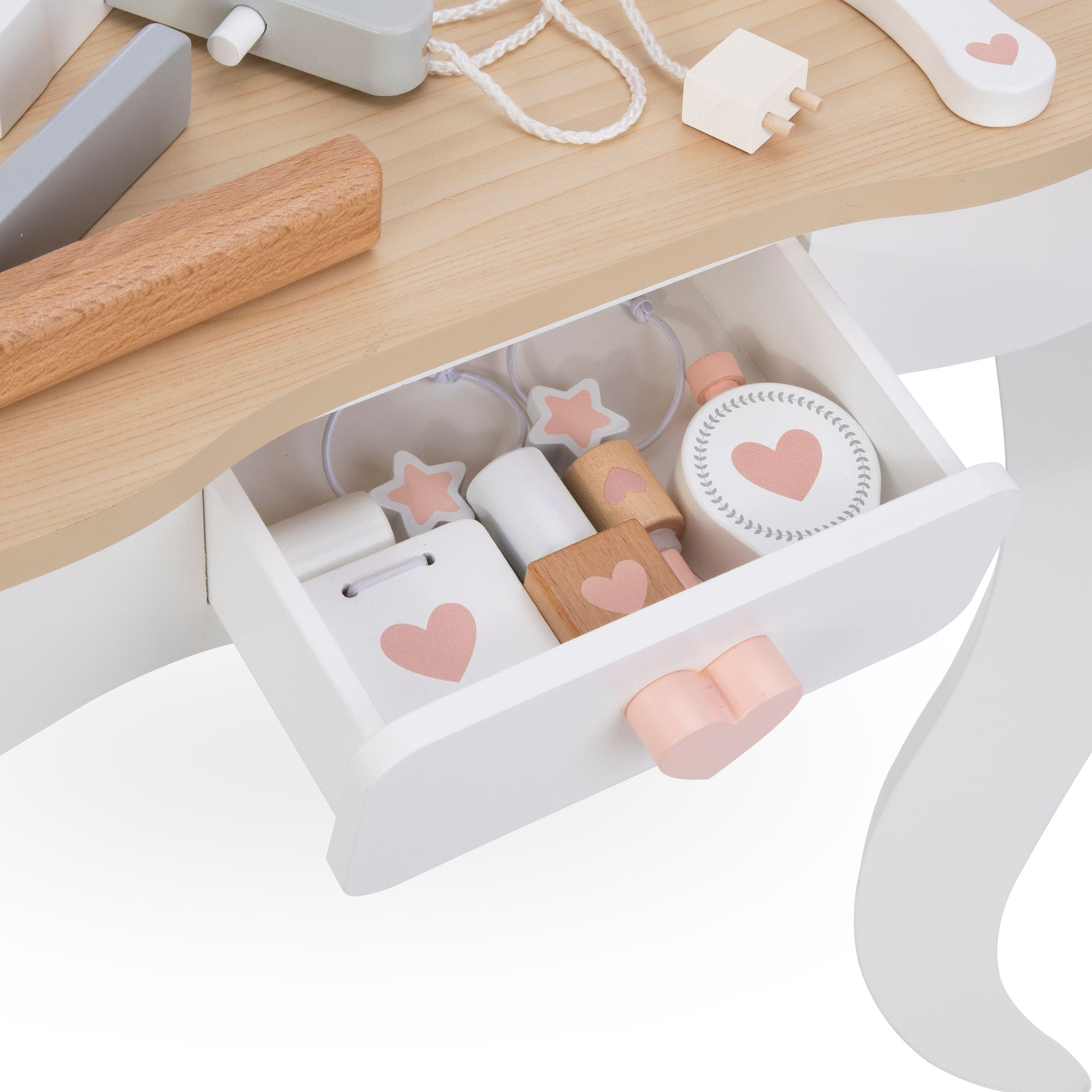 Tavolino da toilette in legno con sgabello e accessori