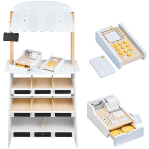 Negozio di verdure - bancarella in legno con casse, registratore di cassa e terminale 