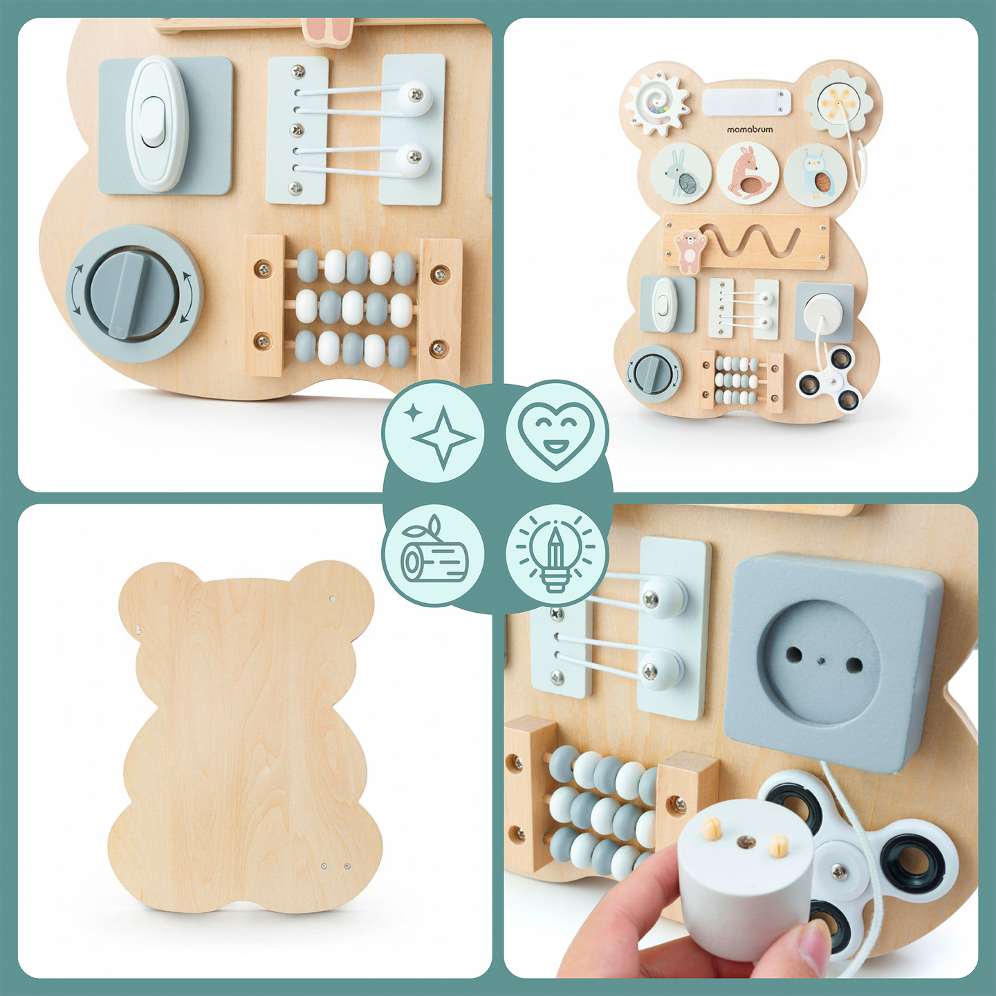 Tavola manipolativa in legno Montessori a forma di orsetto - apprendimento sensoriale dell'indipendenza: velcro, spina, labirinto, manopola a scatto