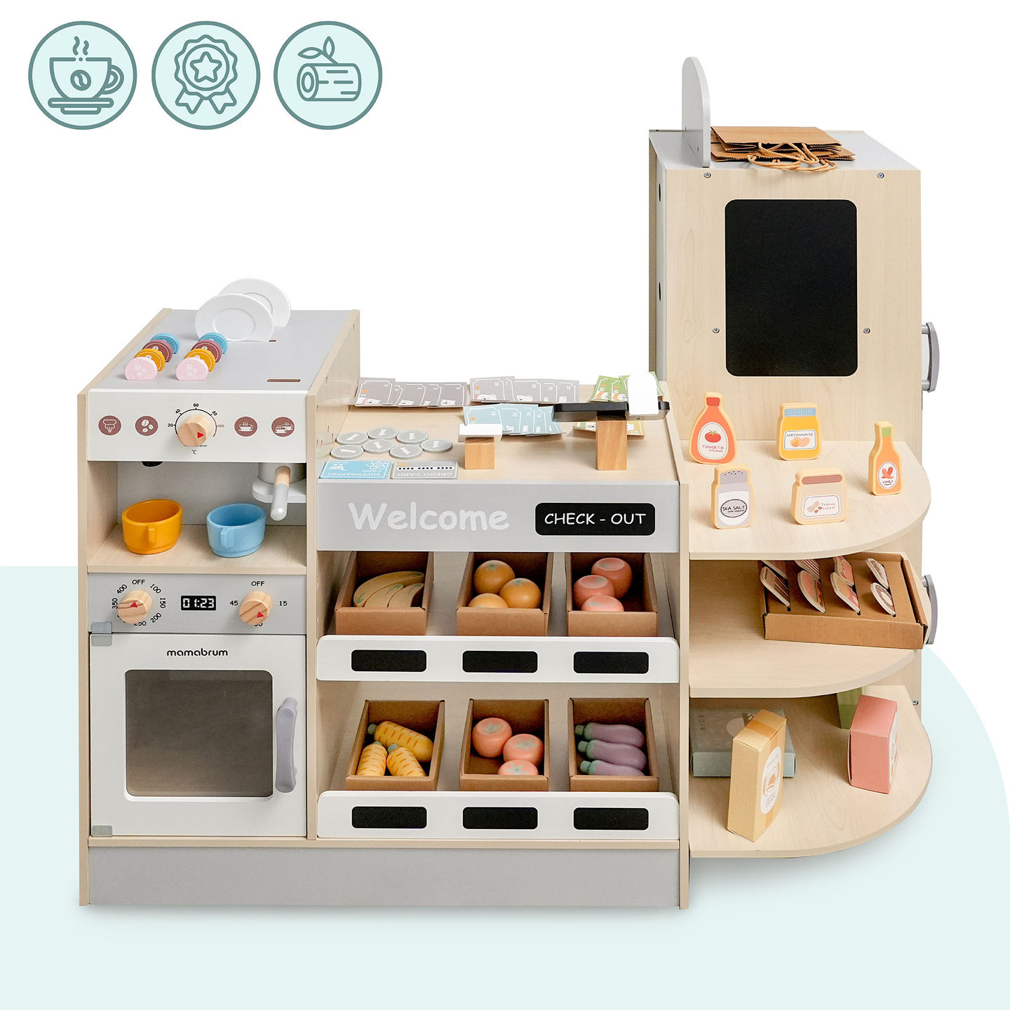 Grande negozio in legno XXXL per bambini con bar fast food - Corner shop + Macchina del caffè + Forno + Frigorifero - 106 ac.