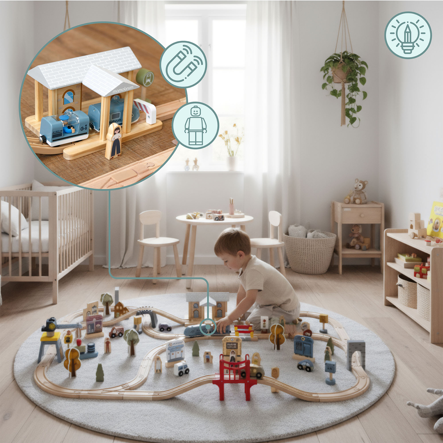 Ferrovia urbana in legno con treno elettrico - gru mobile, nave, ponti