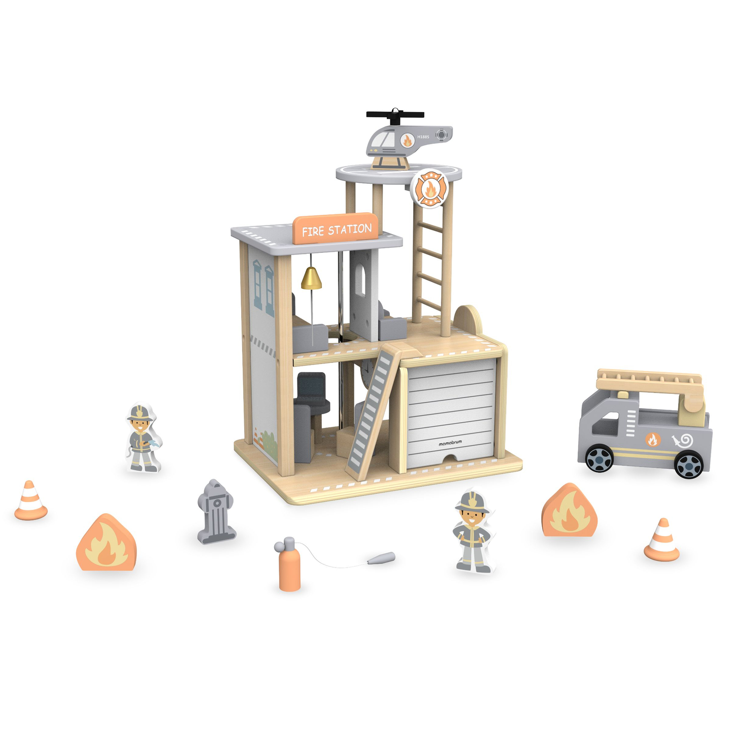 Stazione dei pompieri in legno con accessori, vigili del fuoco