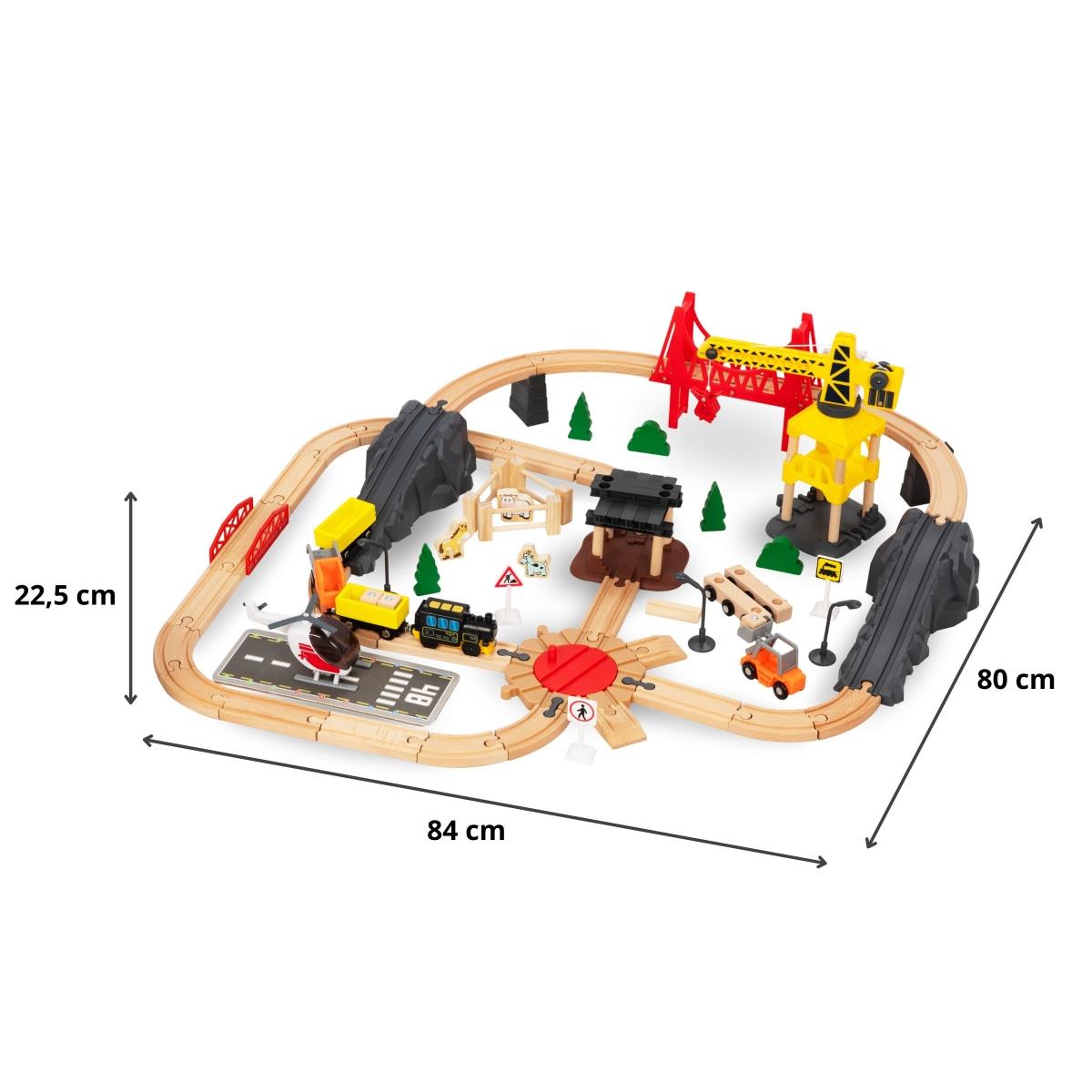Ferrovia in legno, treno a batteria - Città: binari, automobili, ponte, aeroporto