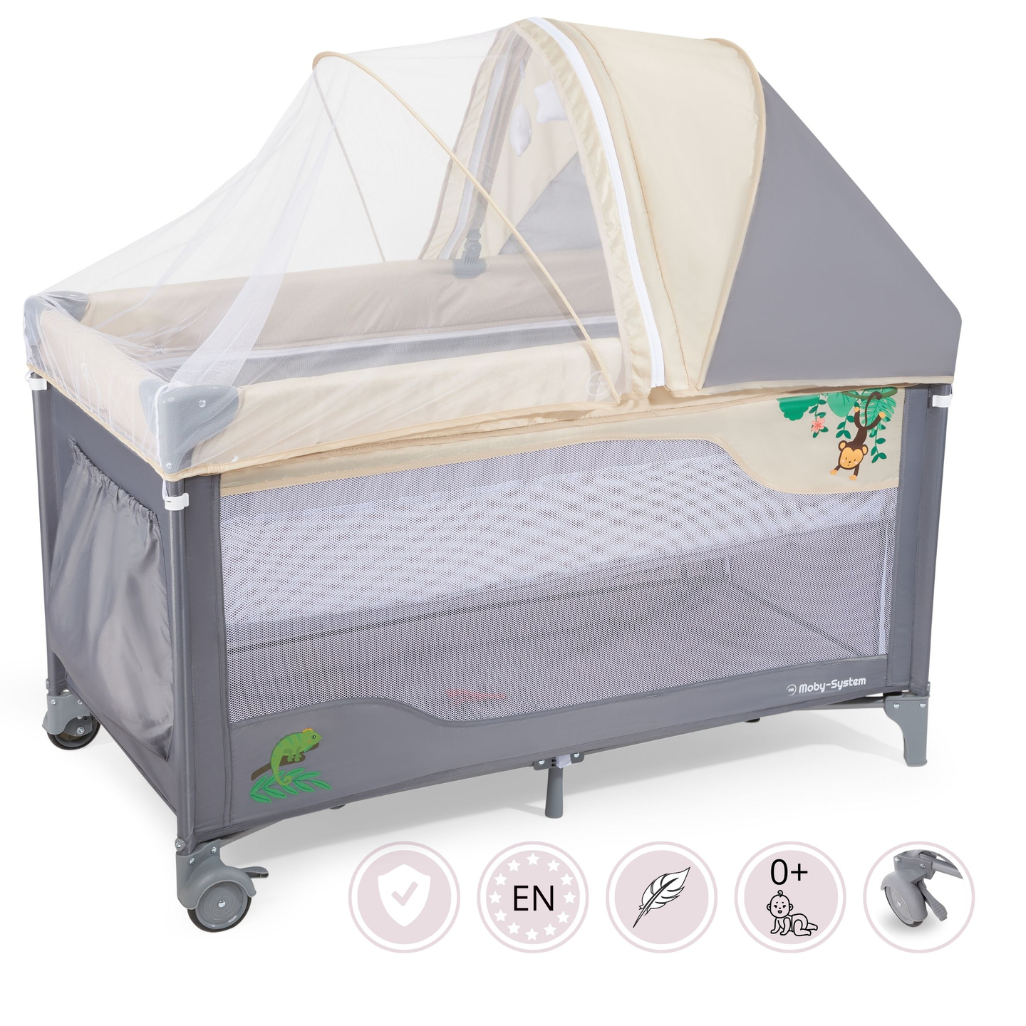 Lettino da viaggio 0 - 36 m con fasciatoio + box Moby-System HUXLEY