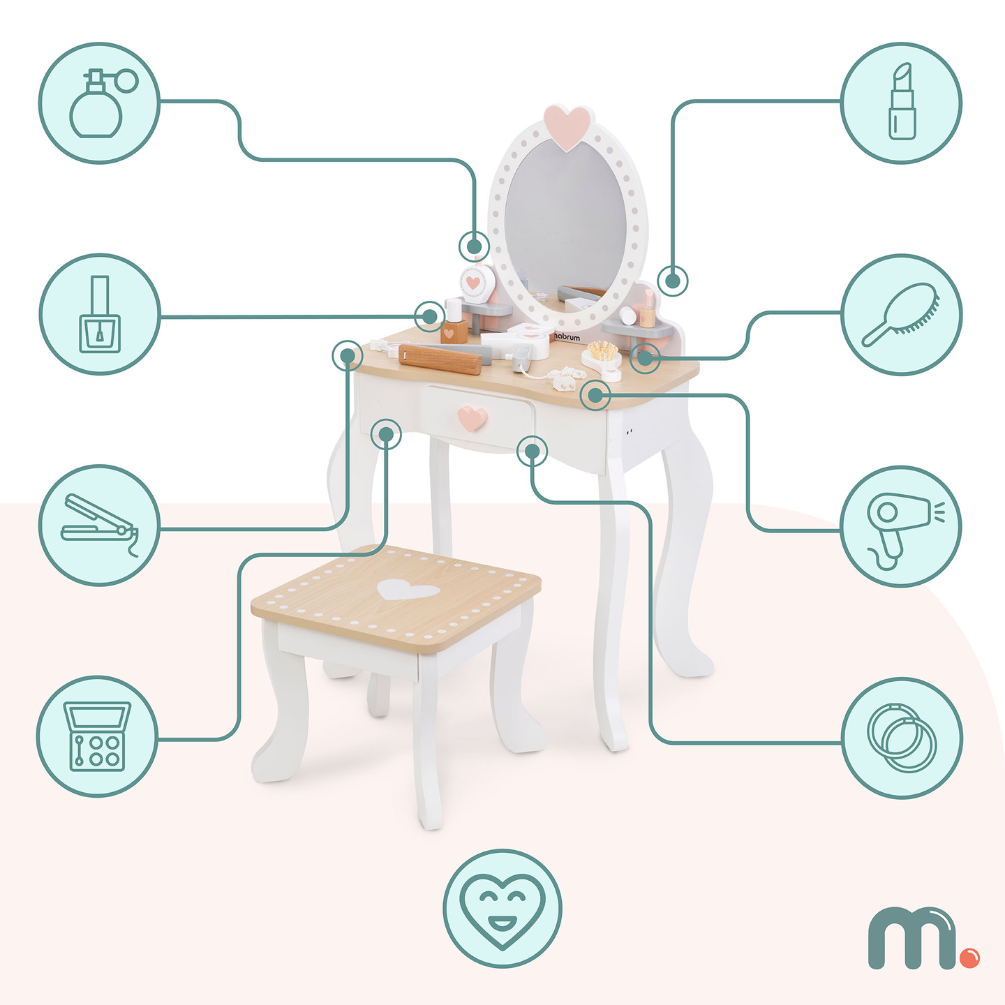 Tavolino da toilette in legno con sgabello e accessori