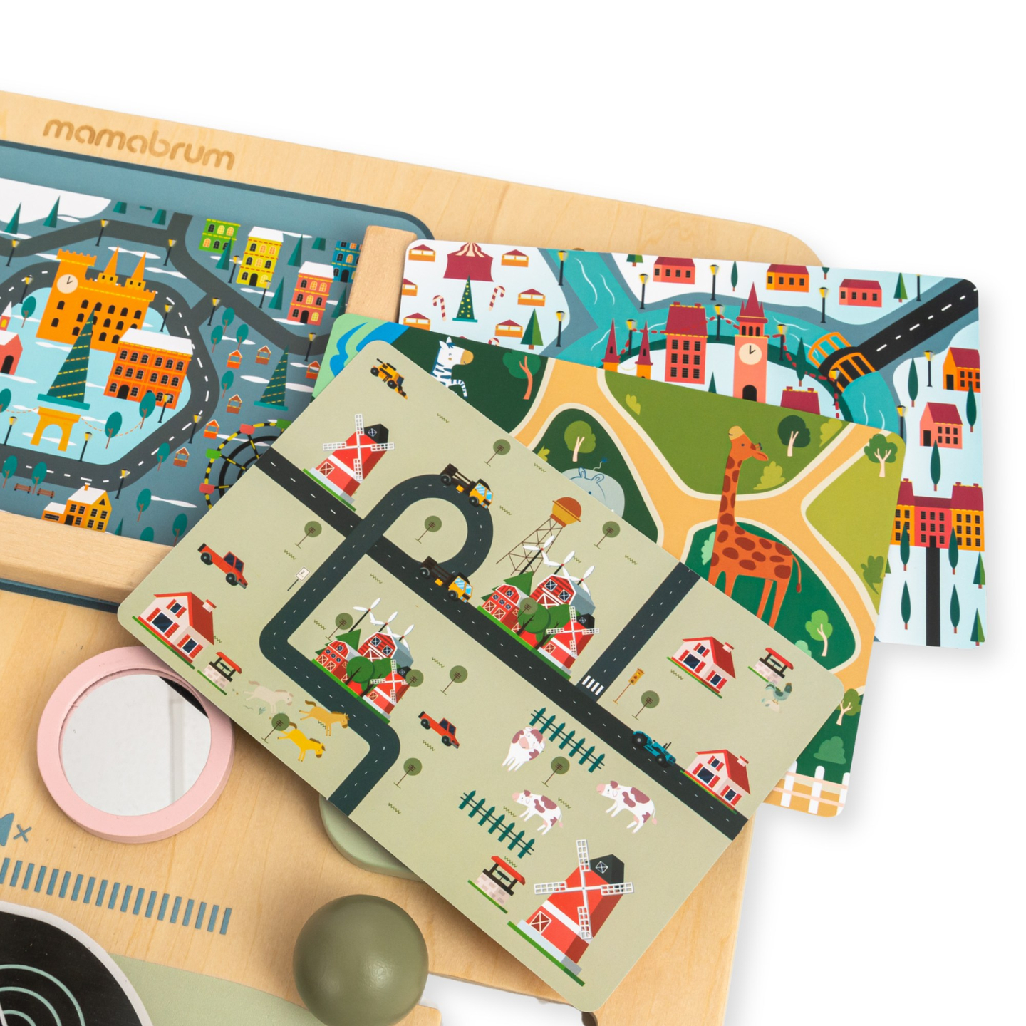 Tavola Montessori in legno 2 in 1 Cockpit per piccoli conducenti e piloti: volante, cambio, mappe di viaggio, radar