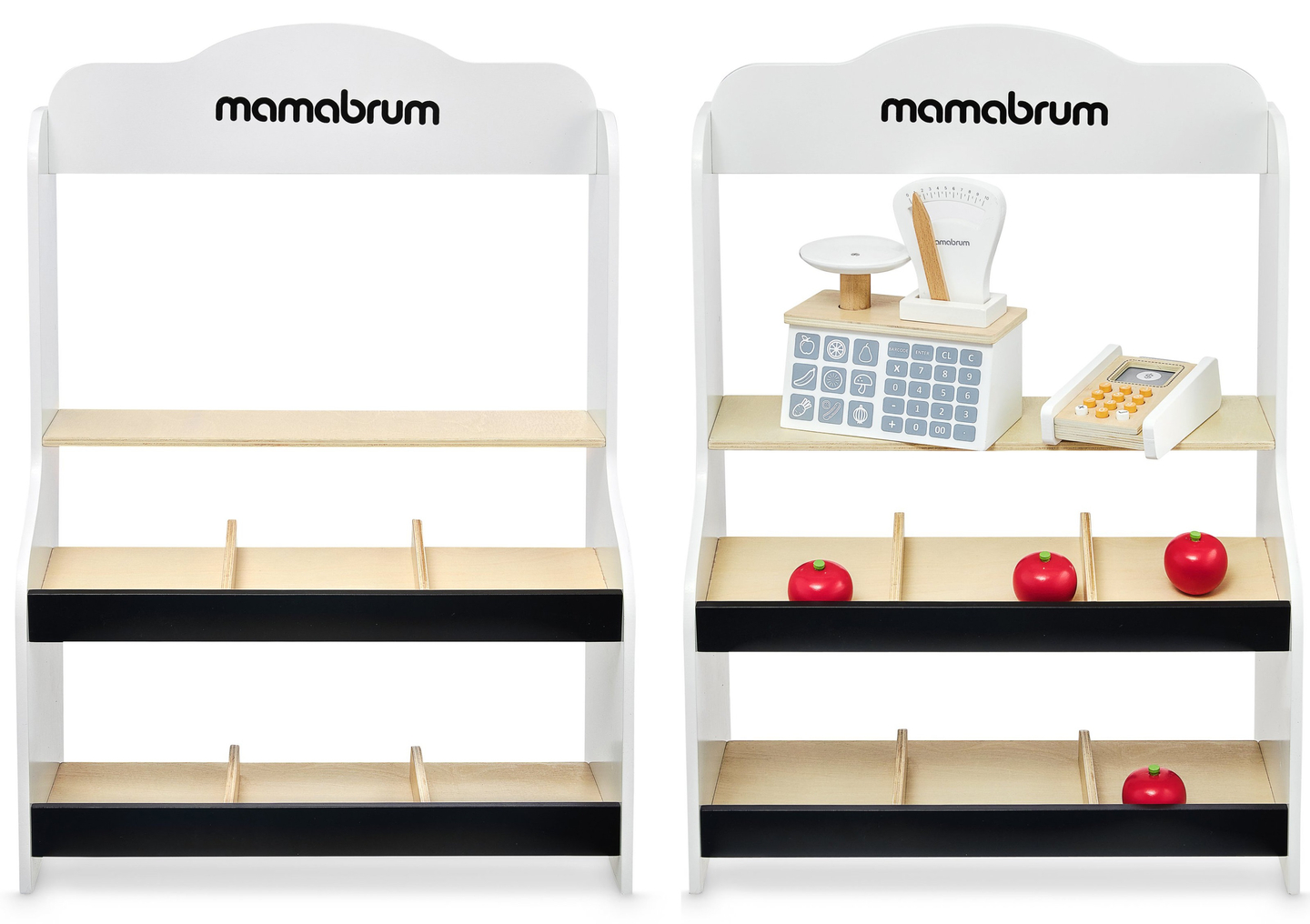 Mini market - negozio con bilancia, terminale, carta di pagamento e frutta