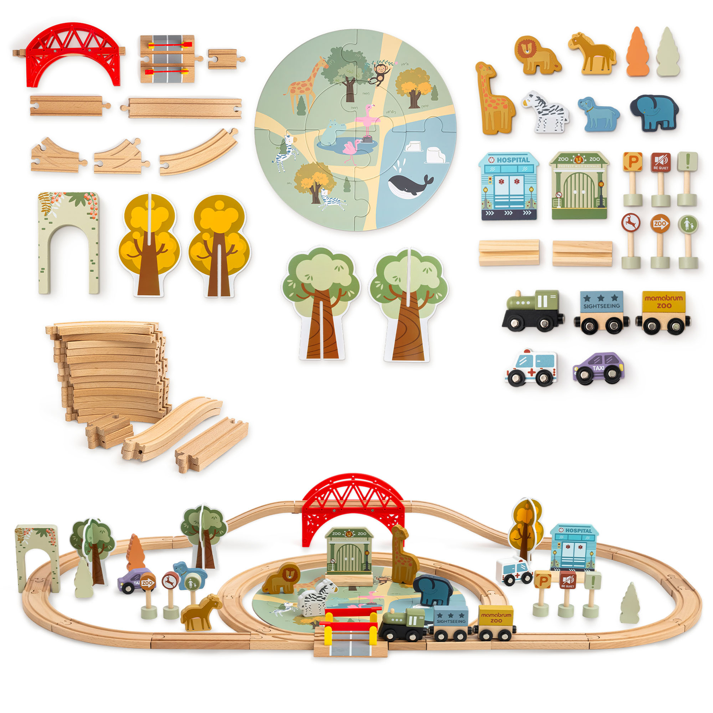 Treno ZOO in legno – puzzle, treno, binari, animali, ponte, barriera