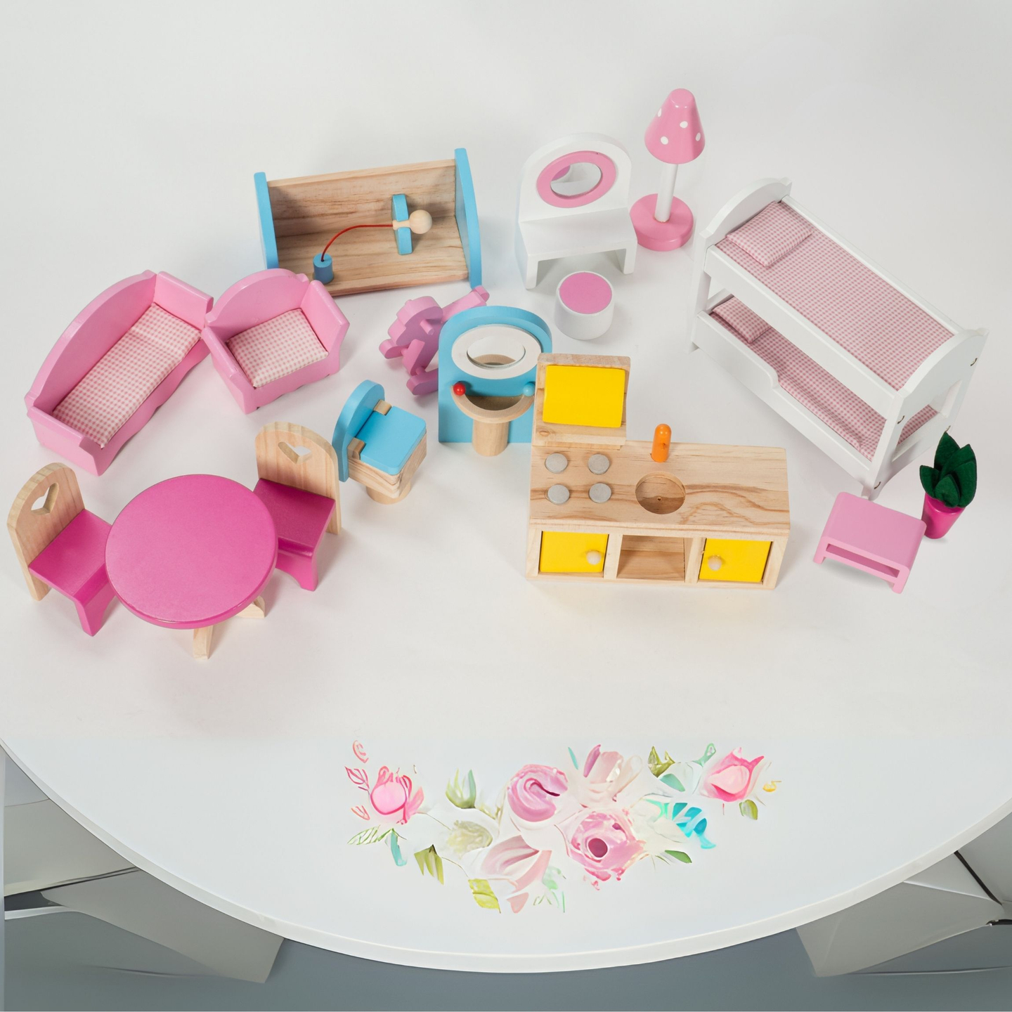 Grande casa delle bambole in legno a 3 piani con terrazza, set di mobili e illuminazione a LED!