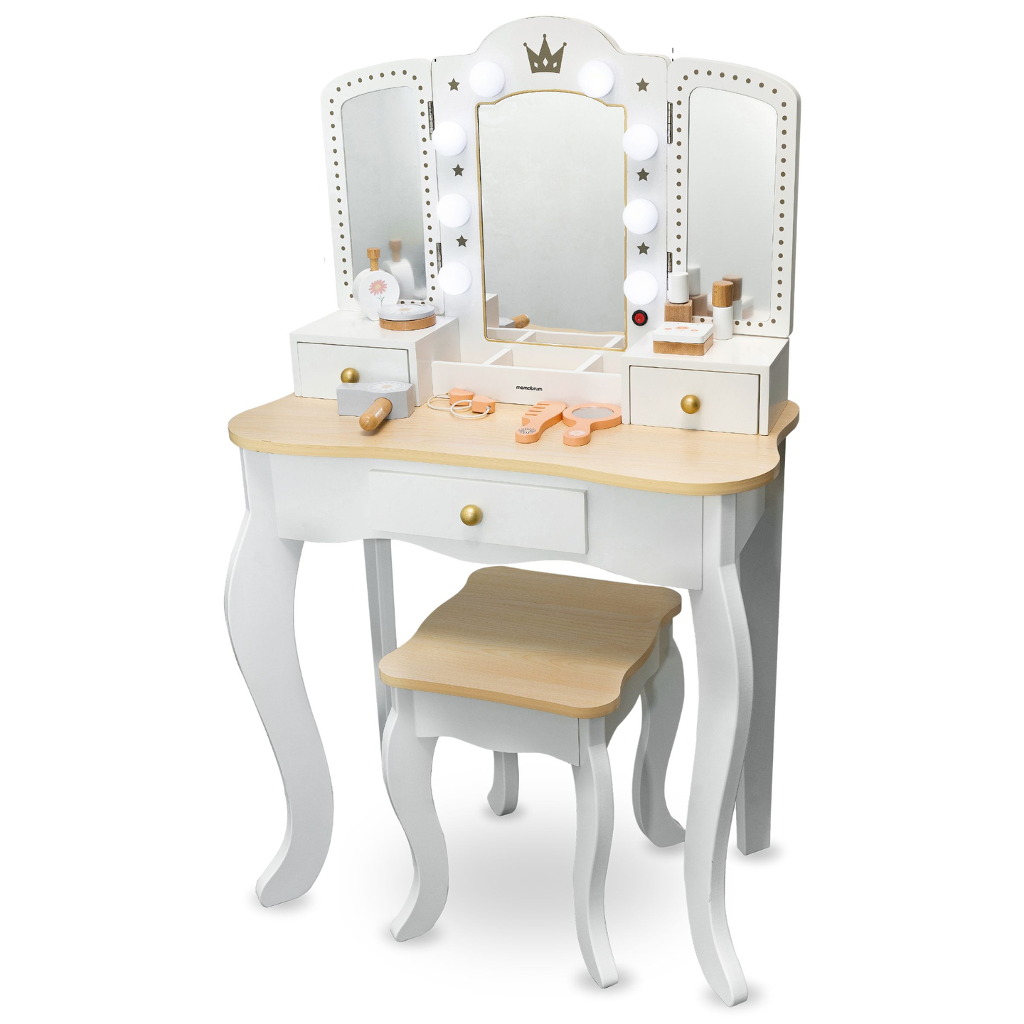 Tavolino da toilette XXL in legno con sgabello e illuminazione a LED per bambini + accessori