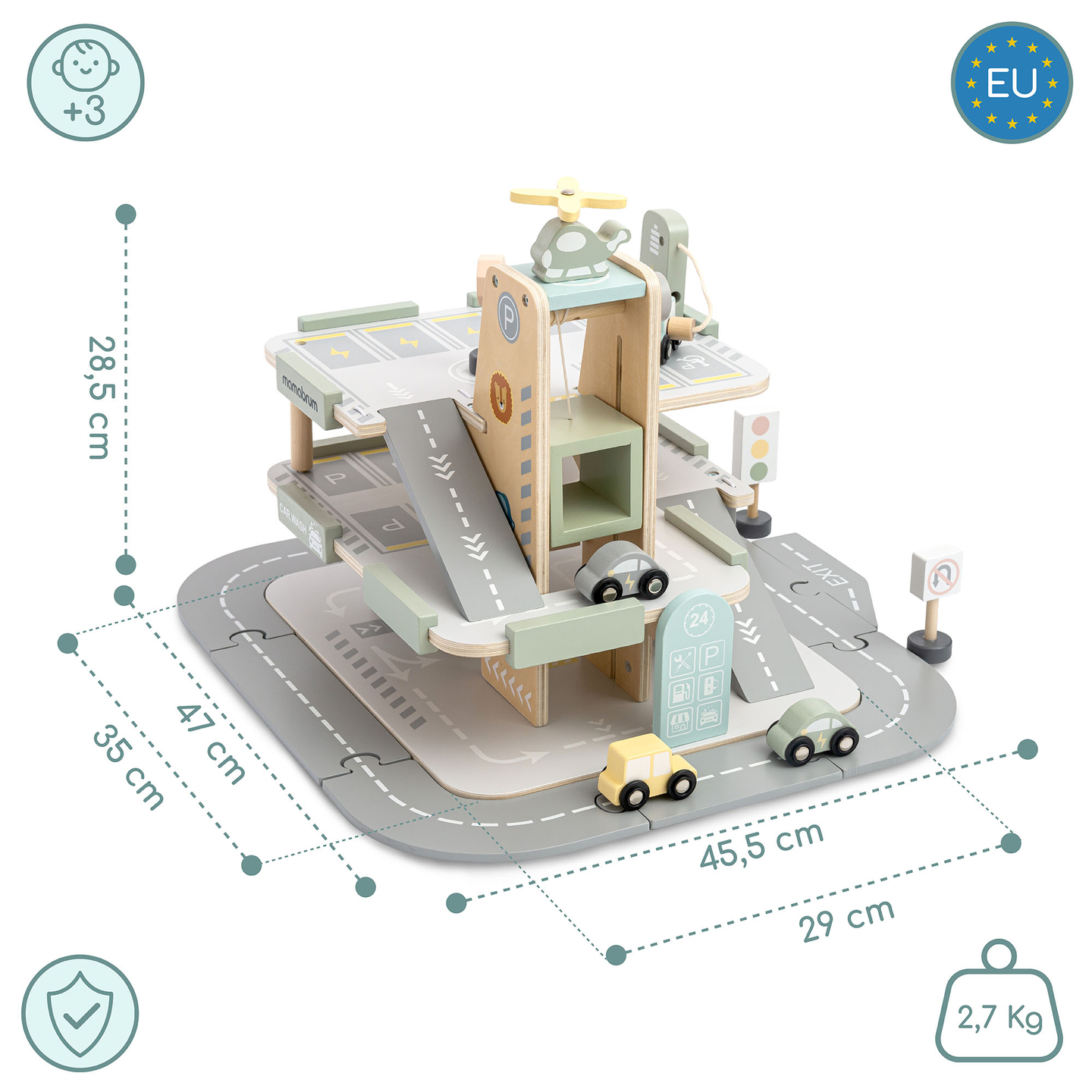 Garage in legno a tre piani per bambini con accessori: parcheggio, stazione di servizio, autolavaggio, elicottero