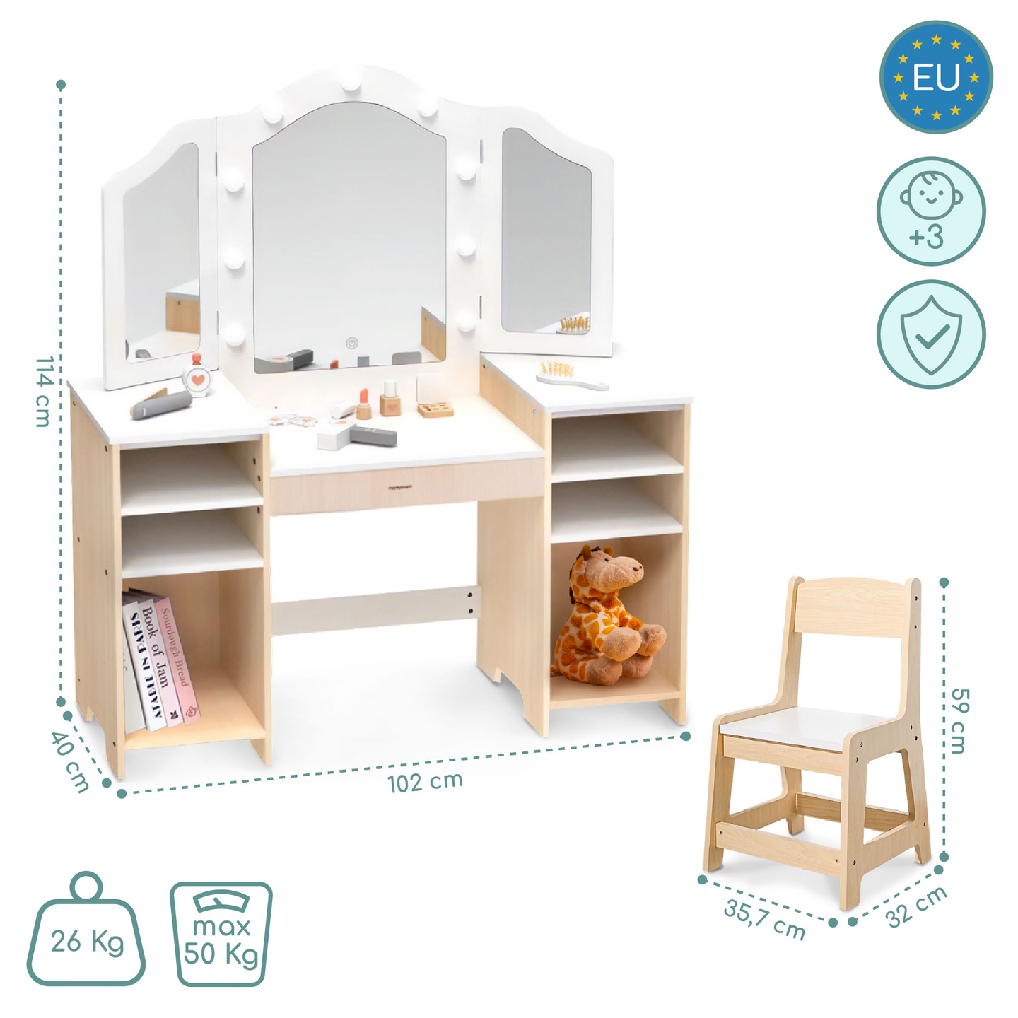 Tavolino da toeletta per bambini in legno con sedia, accessori e illuminazione a LED