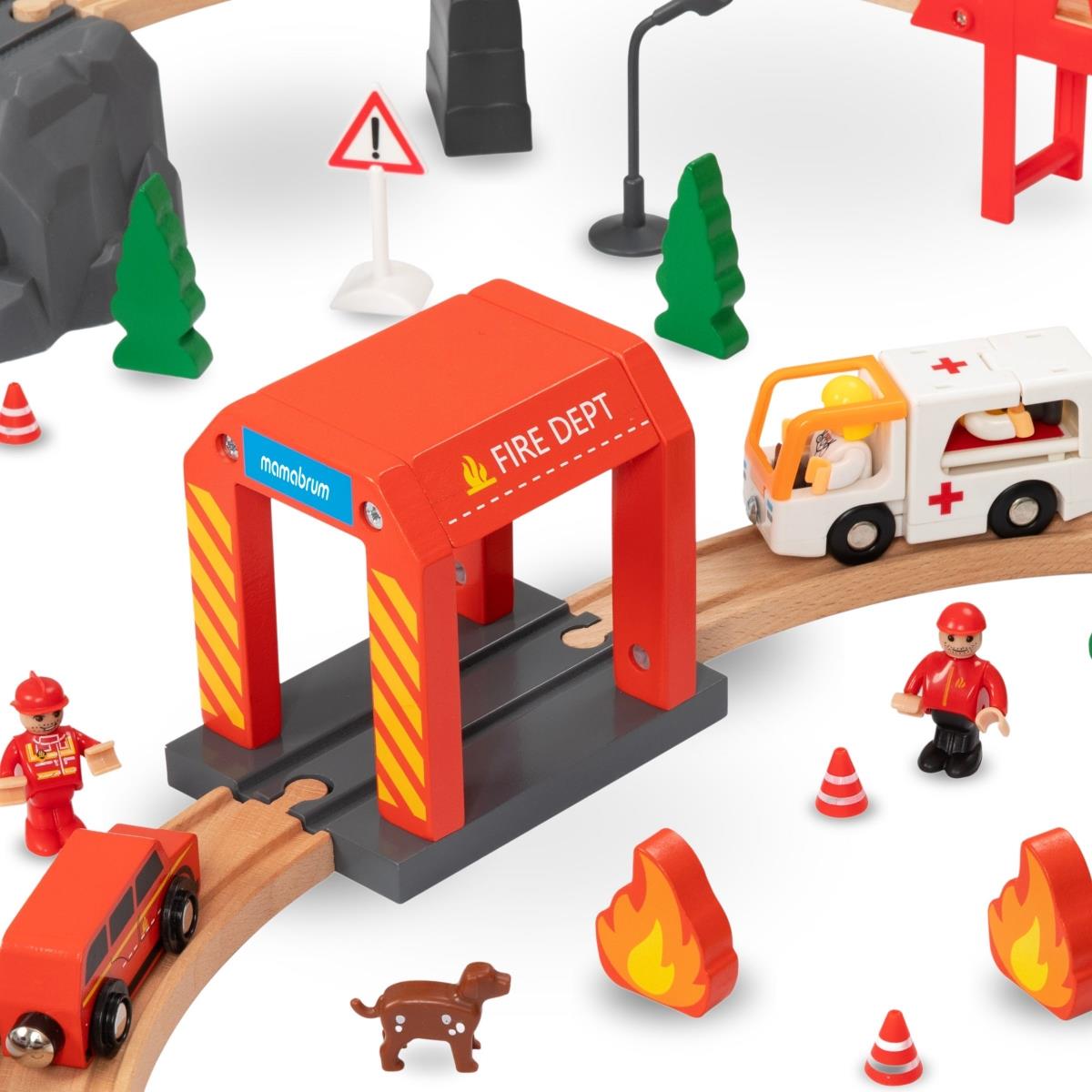 Treno in legno, treno a batteria - Vigili del fuoco, binari, automobili, ponti, barriera