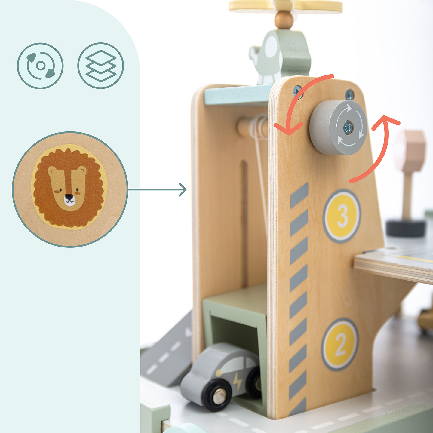 Garage in legno a tre piani per bambini con accessori: parcheggio, stazione di servizio, autolavaggio, elicottero