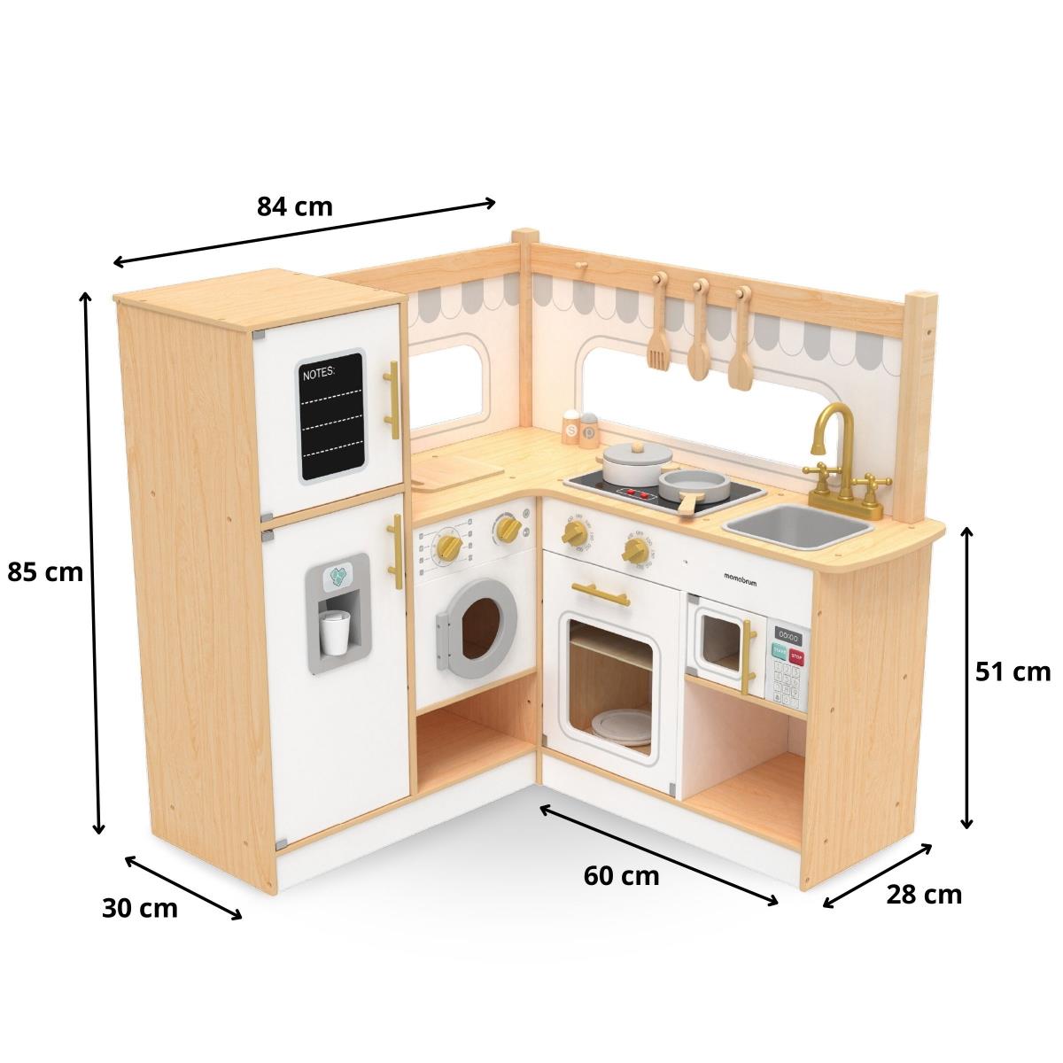 Cucina ad angolo interattiva in legno XXXL con frigorifero, microonde, forno, lavatrice e accessori - naturale