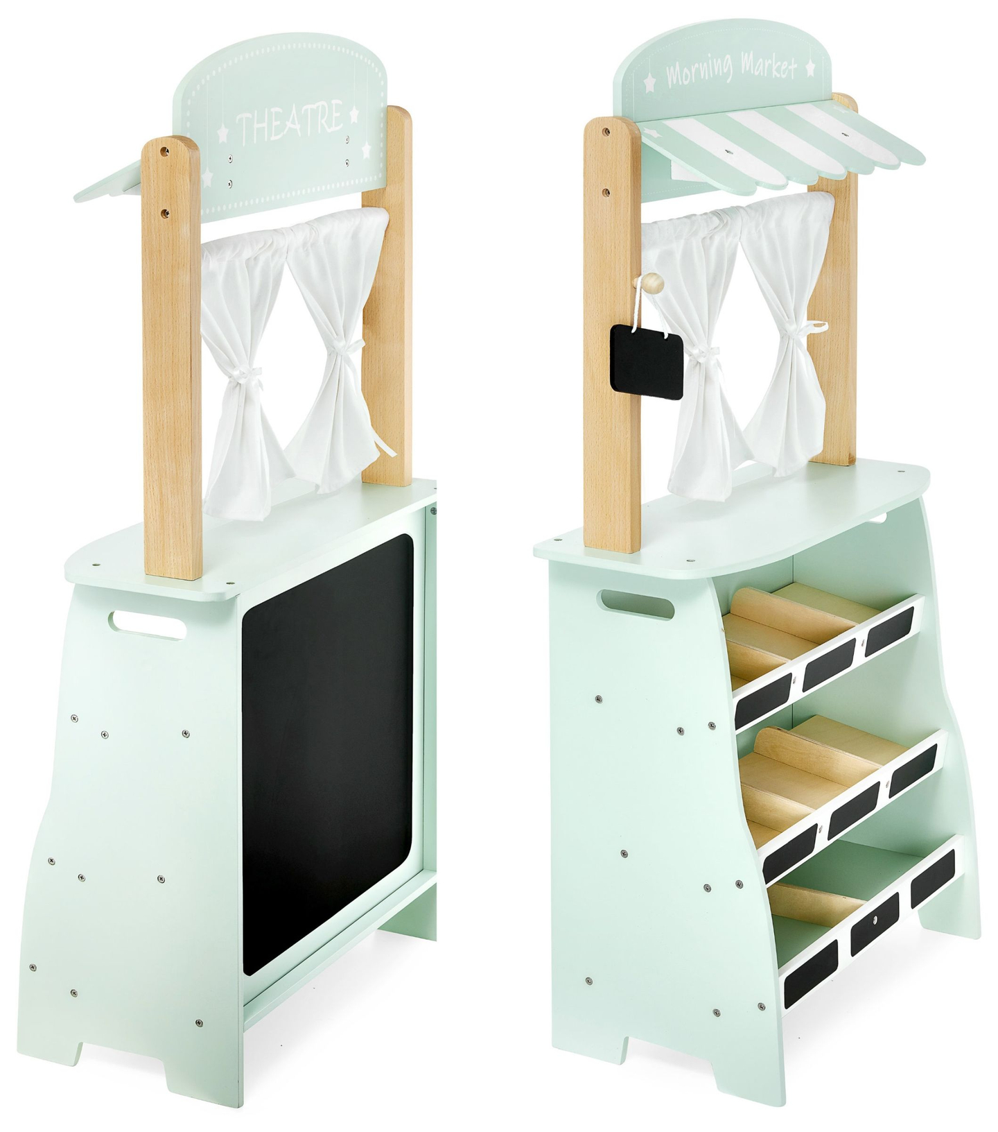 Grande negozio in legno - bancarella e teatro 2 in 1 con bilancia, terminale di pagamento, frutta e verdura