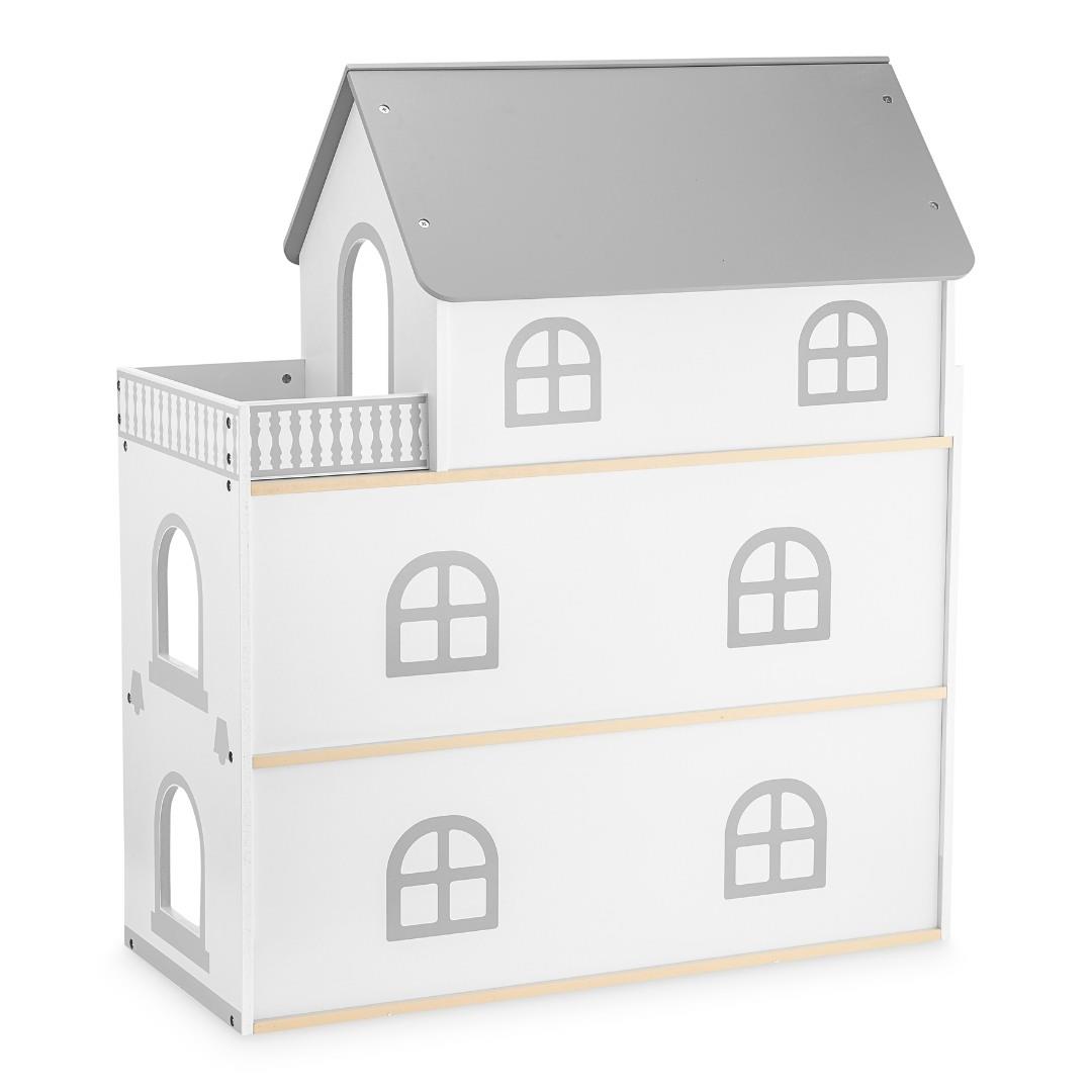 Casa delle bambole in legno bianco con terrazza e accessori