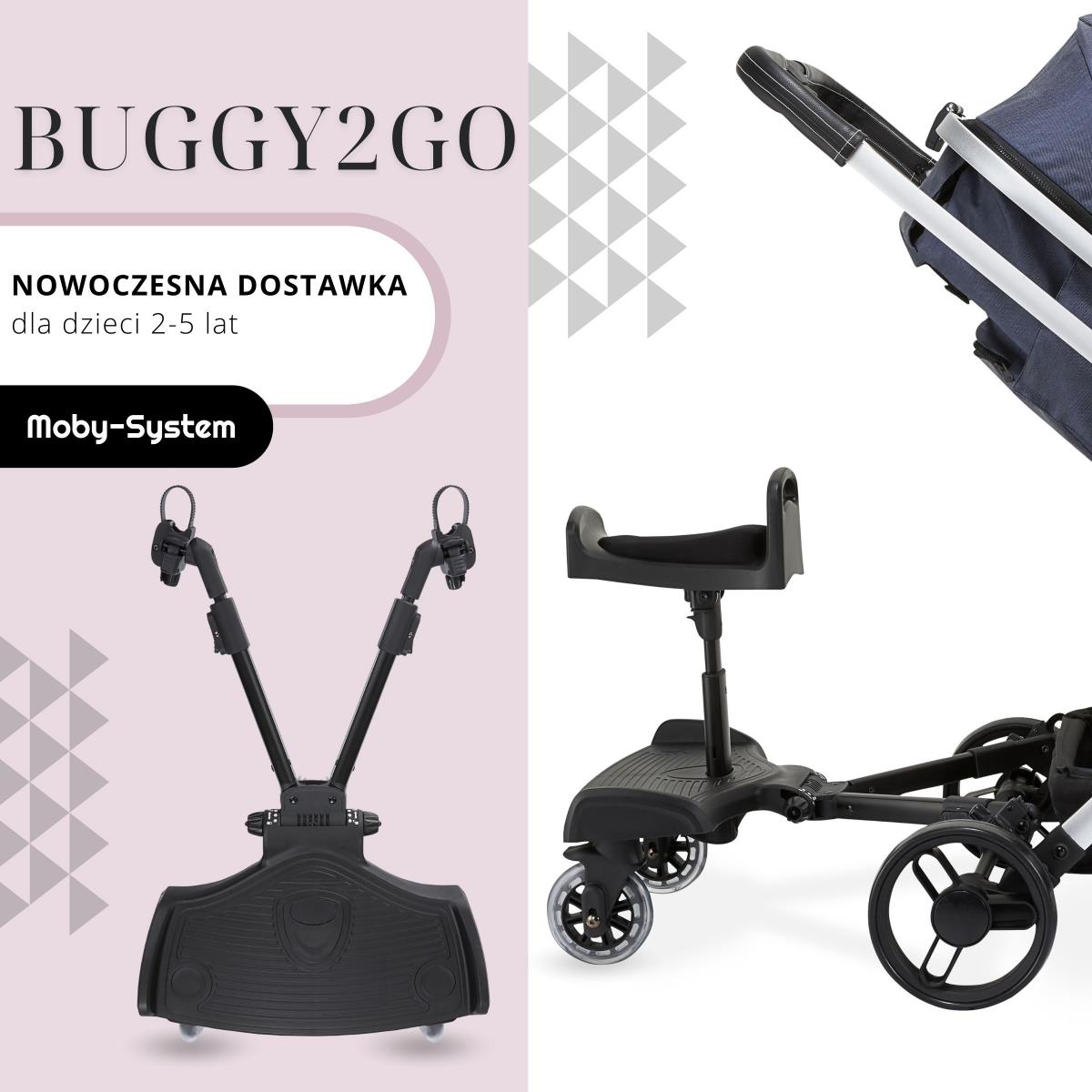Estensione della carrozzina con sedile regolabile e sistema di fissaggio universale - Moby-System BUGGY2GO