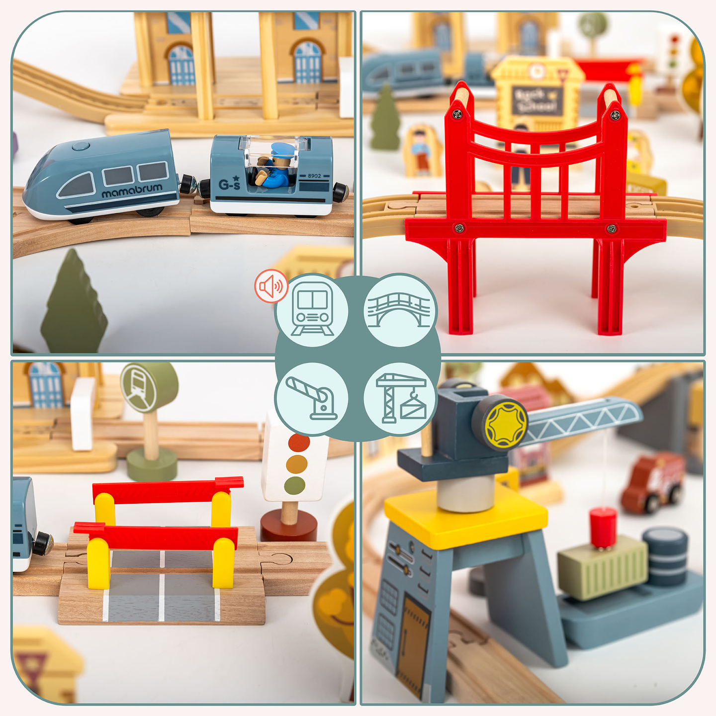 Ferrovia urbana in legno con treno elettrico - gru mobile, nave, ponti