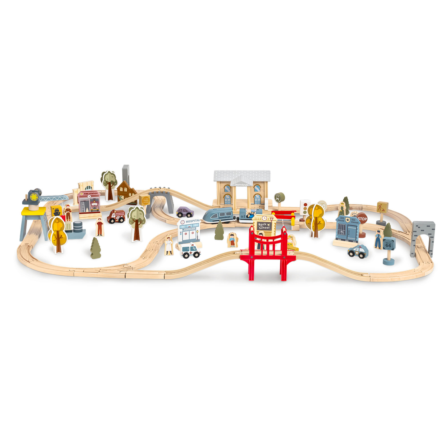 Ferrovia urbana in legno con treno elettrico - gru mobile, nave, ponti