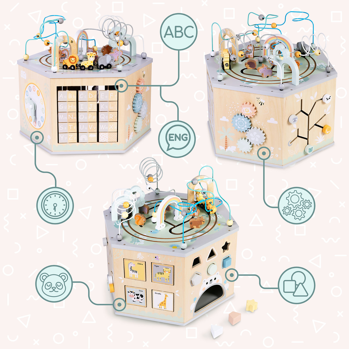 Grande cubo educativo in legno: un giocattolo Montessori con un treno magnetico e circuiti motori